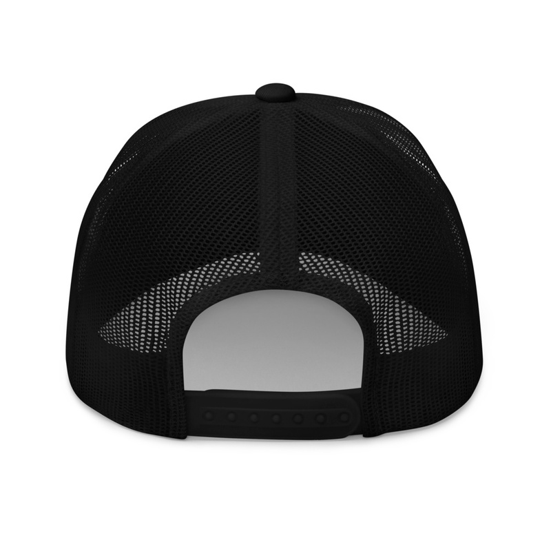 Steve Stylez trucker hat — back view, black mesh with snapback